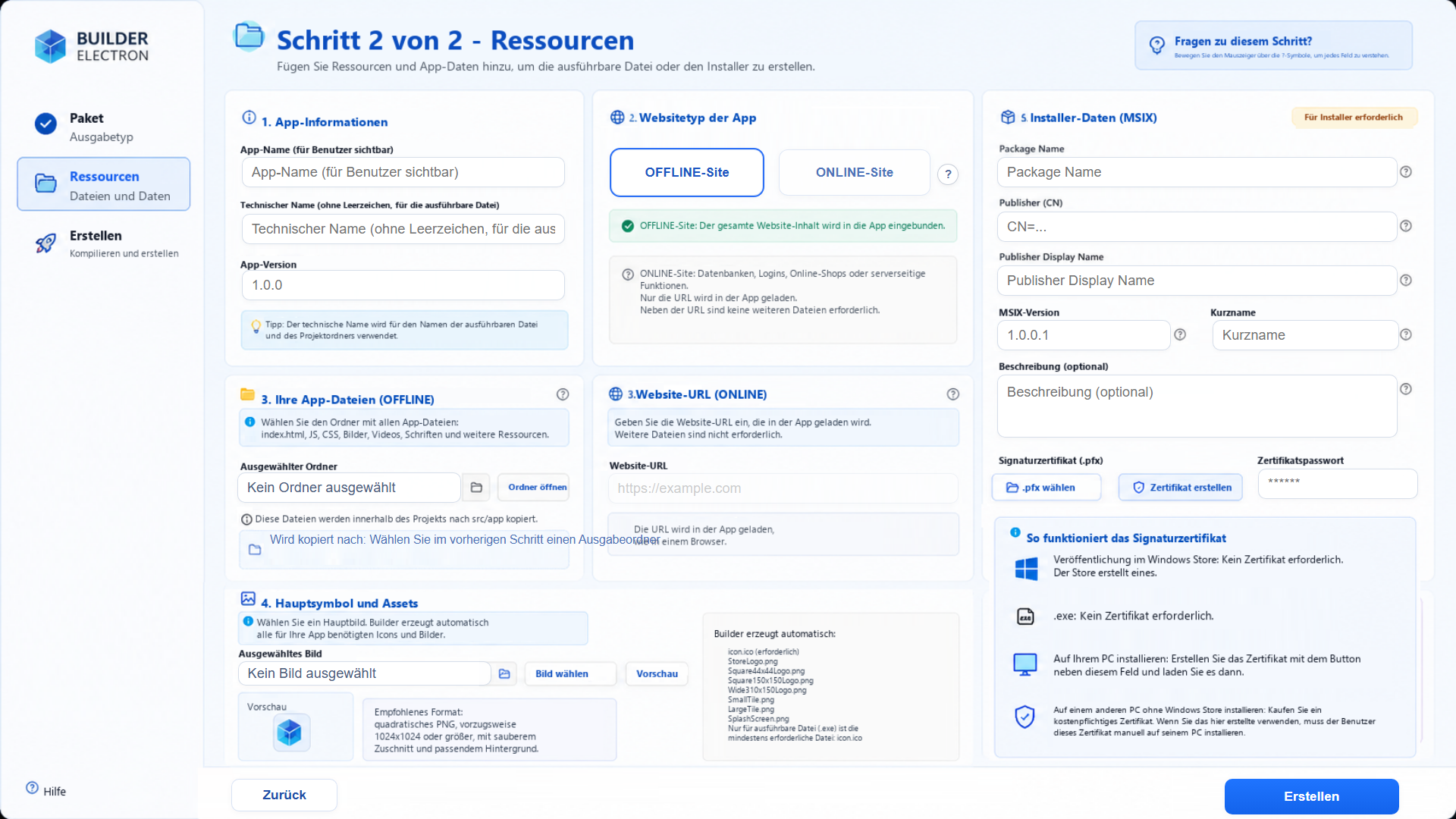 Web2Windows Electron Builder zur Konfiguration von Symbolen, Signatur und MSIX-Daten