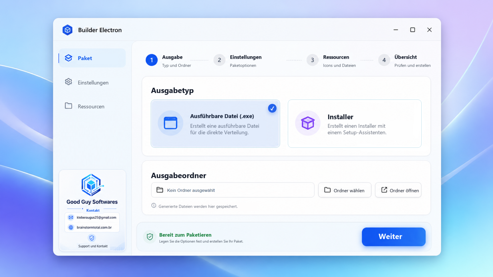 Geführter Paketierungsablauf in Web2Windows Electron Builder