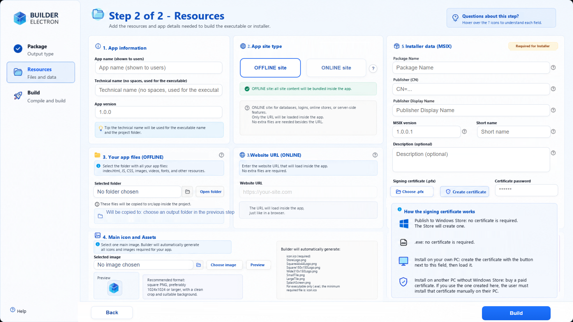 Web2Windows Electron Builder screen for configuring icons, signing, and MSIX data